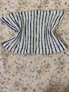 Blue & White Striped Knit Tube Crop Top